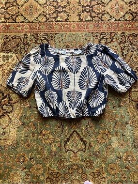 Navy and Cream Leaf-Print Puff Sleeve Linen Blend Top